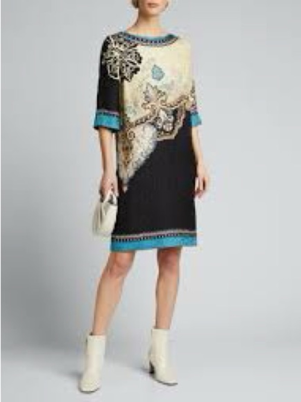 Etro Cream, Black & Teal Paisley-Panel Mini Dress